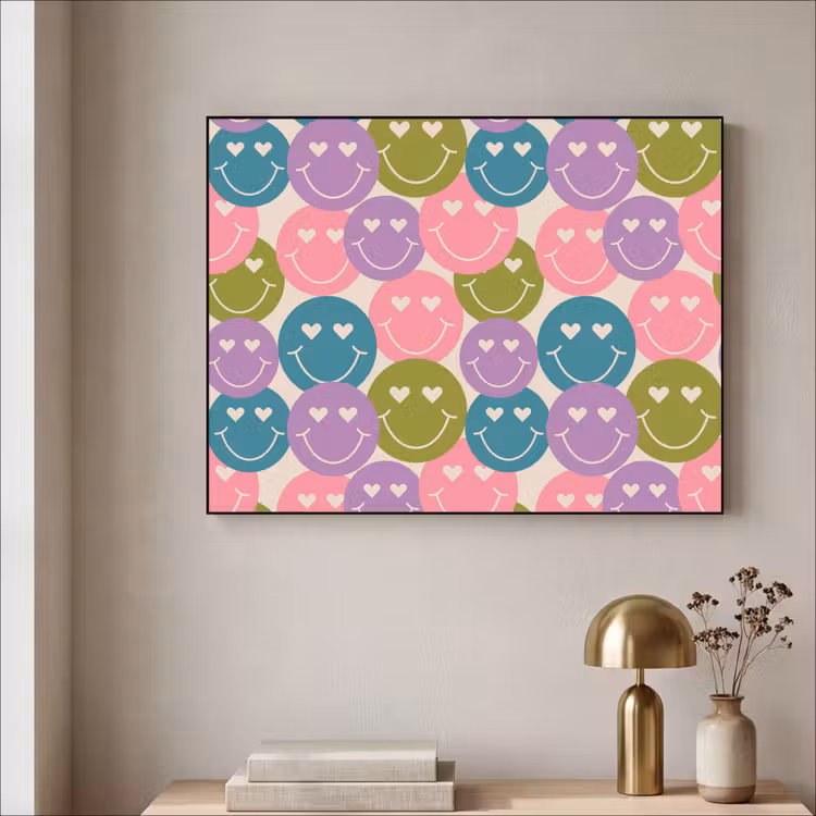 Patroon - Smiley - Kleurrijk - Hartjes Textielframe zwart klein 947 -sfeer2