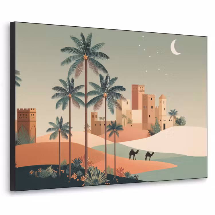 Nachtlandschap - Kamelen - Sterren - zandduinden Textielframe - compleet frame klein -3d