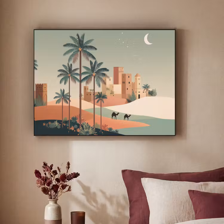 Nachtlandschap - Kamelen - Sterren - zandduinden Textielframe zwart klein -sfeer1