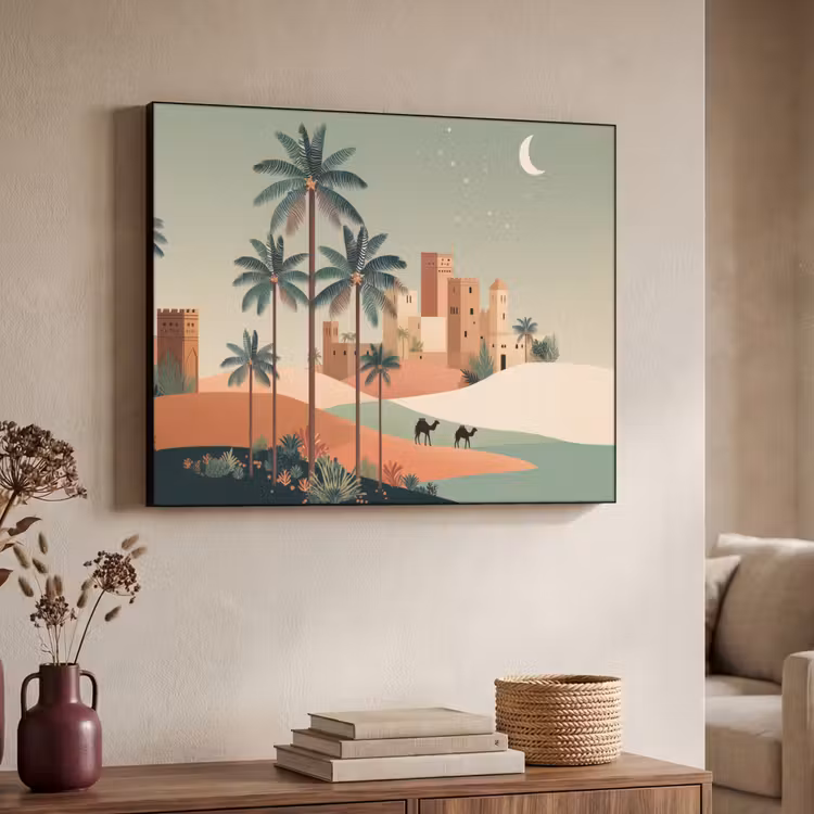 Nachtlandschap - Kamelen - Sterren - zandduinden Textielframe - compleet frame klein -sfeer3