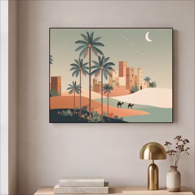 Nachtlandschap - Kamelen - Sterren - zandduinden Textielframe - compleet frame klein -sfeer2