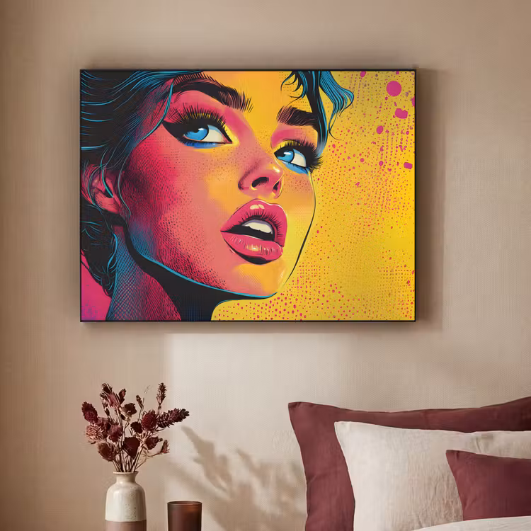 Close-up - Vrouwengezicht - Stippen - Geel Textielframe - compleet frame klein -sfeer1
