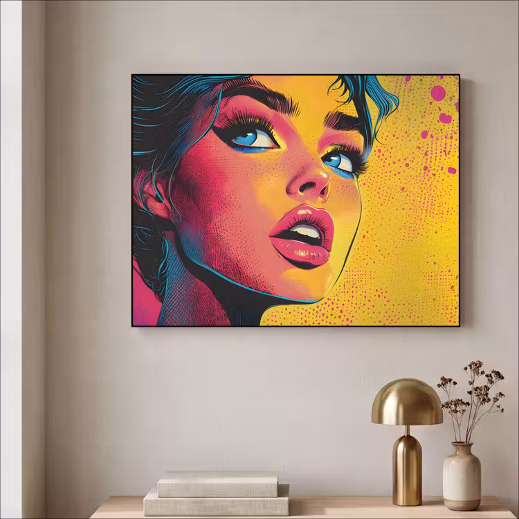 Close-up - Vrouwengezicht - Stippen - Geel Textielframe - compleet frame klein -sfeer2