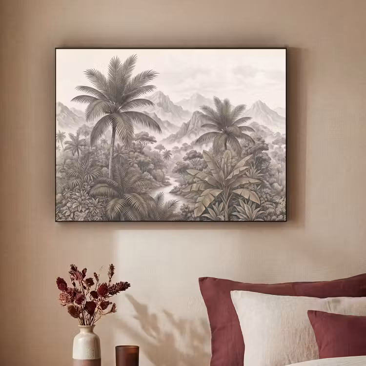 Natuur - Bergen - Rivier - Tropisch - Vintage Textielframe zwart klein -sfeer1