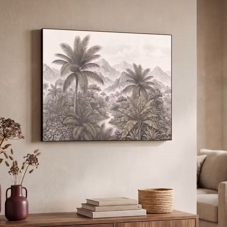 Natuur - Bergen - Rivier - Tropisch - Vintage Textielframe zwart klein -sfeer3