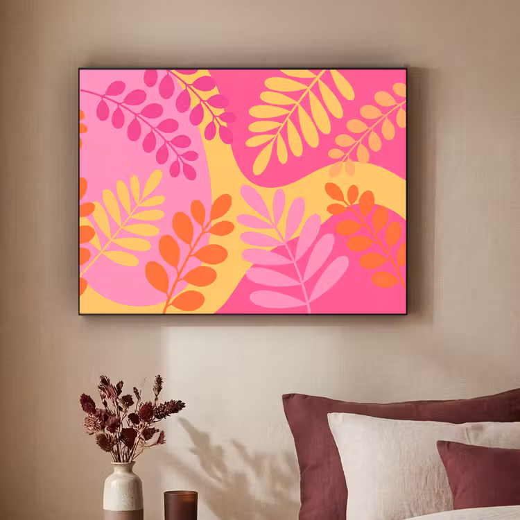 Natuur - Bladeren - Abstract - Roze - Geel Textielframe zwart klein -sfeer1