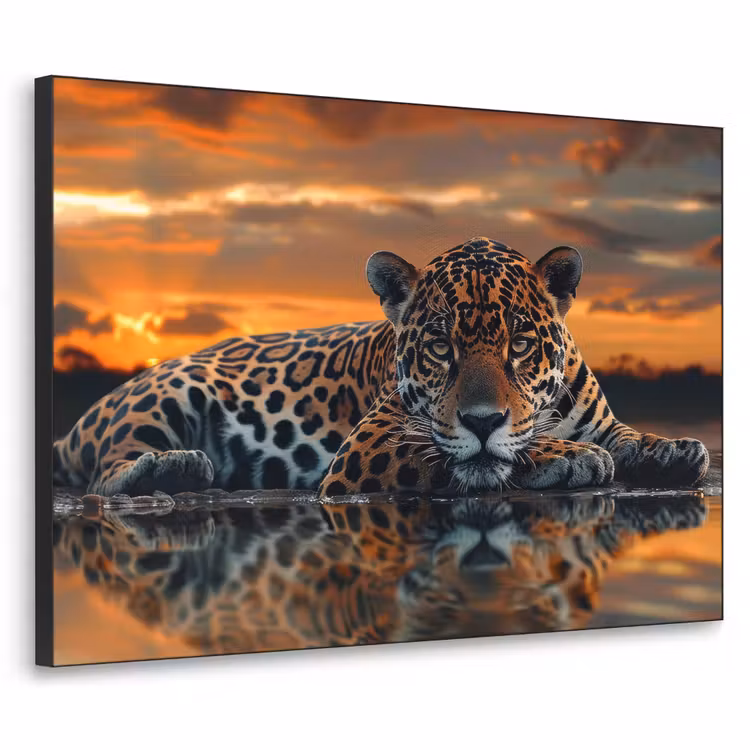 Natuur - Luipaard - Dier - Zonsondergang - Modern Textielframe zwart klein -3d