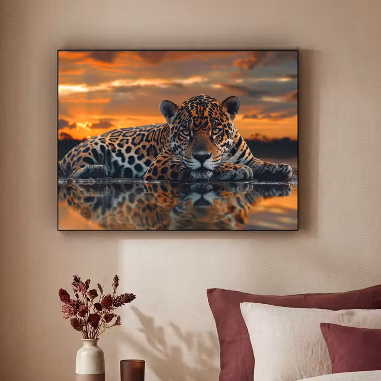 Natuur - Luipaard - Dier - Zonsondergang - Modern Textielframe zwart klein -sfeer1