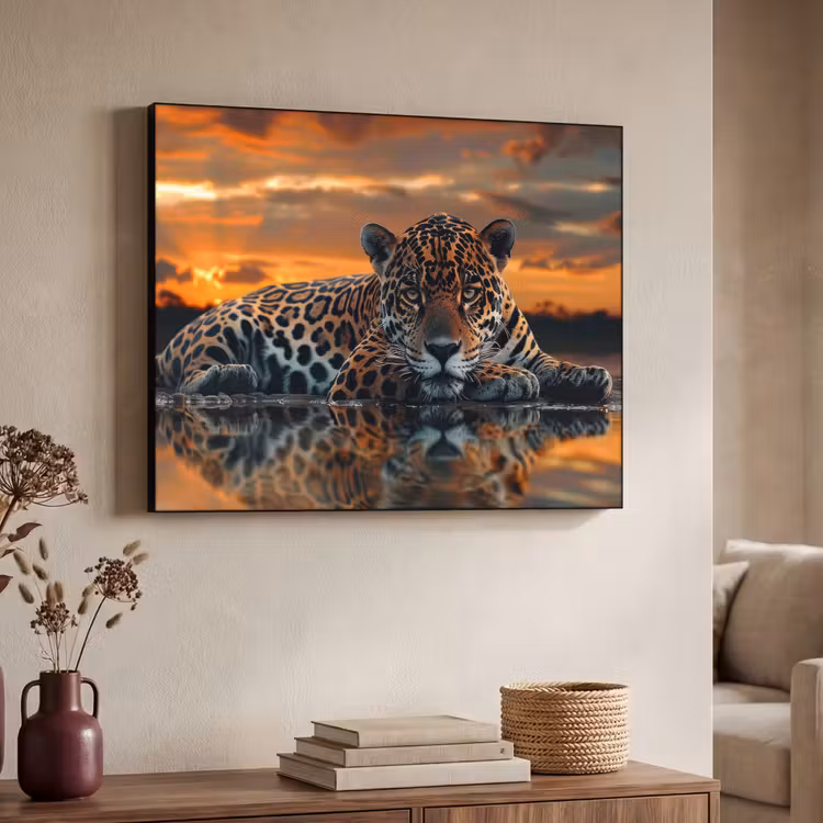 Natuur - Luipaard - Dier - Zonsondergang - Modern Textielframe zwart klein -sfeer3