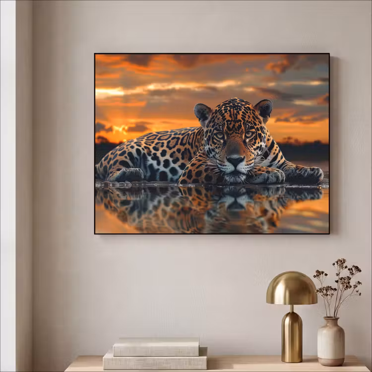 Natuur - Luipaard - Dier - Zonsondergang - Modern Textielframe zwart klein -sfeer2