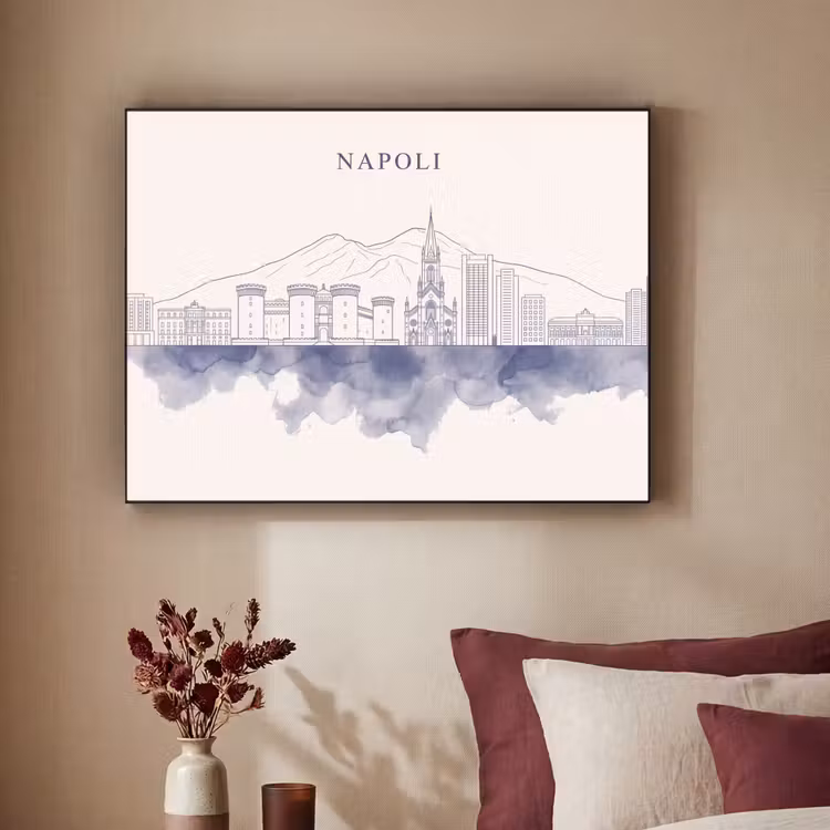 Napels - Skyline - Italie - Lijntekening - Aquarel Textielframe zwart klein -sfeer1