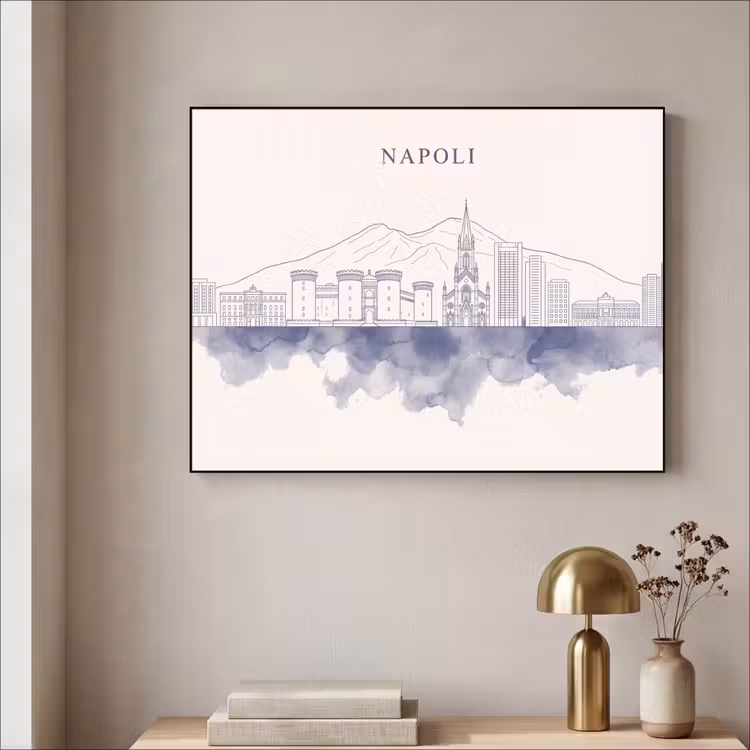 Napels - Skyline - Italie - Lijntekening - Aquarel Textielframe zwart klein -sfeer2