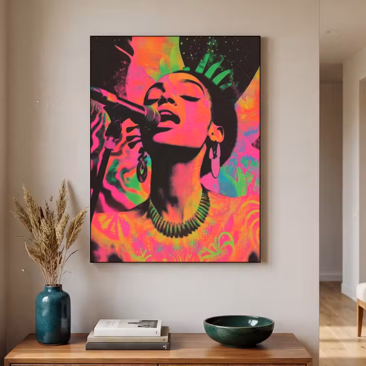 Neon - Vrouw - Microfoon Textielframe zwart klein -sfeer1