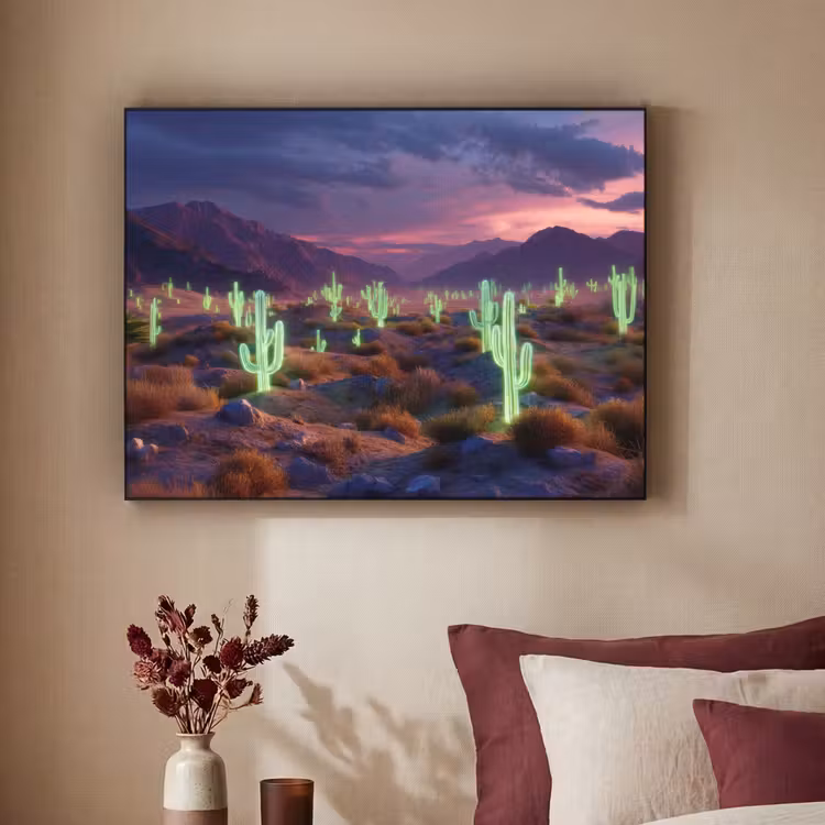 Neon cactussen - Woestijn - Zonsondergang Textielframe - compleet frame klein -sfeer1