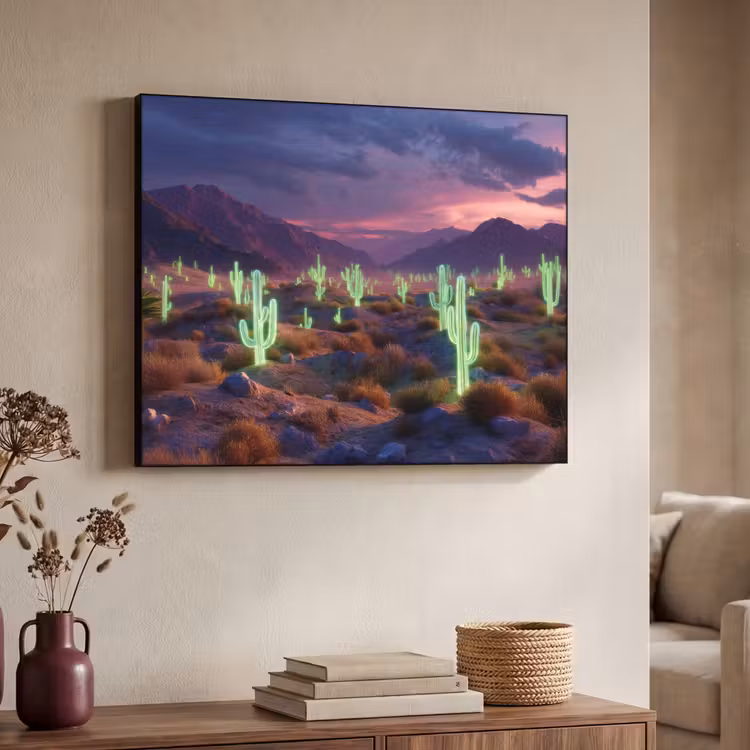 Neon cactussen - Woestijn - Zonsondergang Textielframe zwart klein -sfeer3
