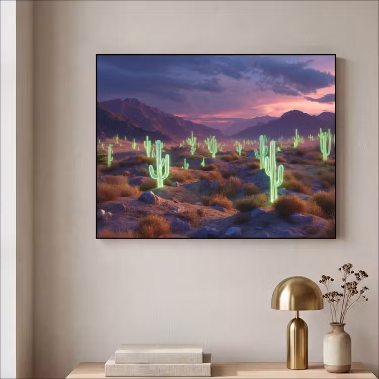 Neon cactussen - Woestijn - Zonsondergang Textielframe zwart klein -sfeer2
