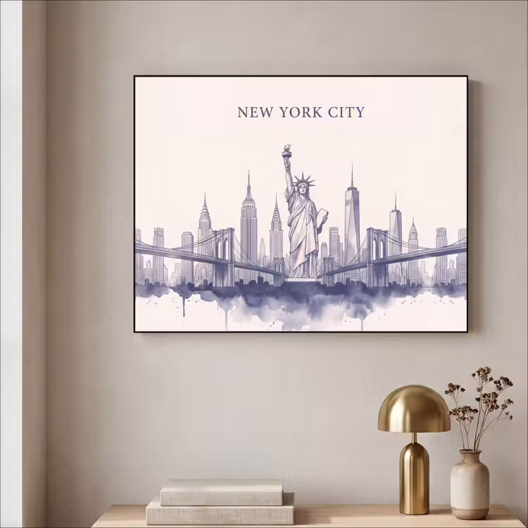 New York - Vrijheidsbeeld - Skyline - Illustratie - Blauw Textielframe zwart klein -sfeer2