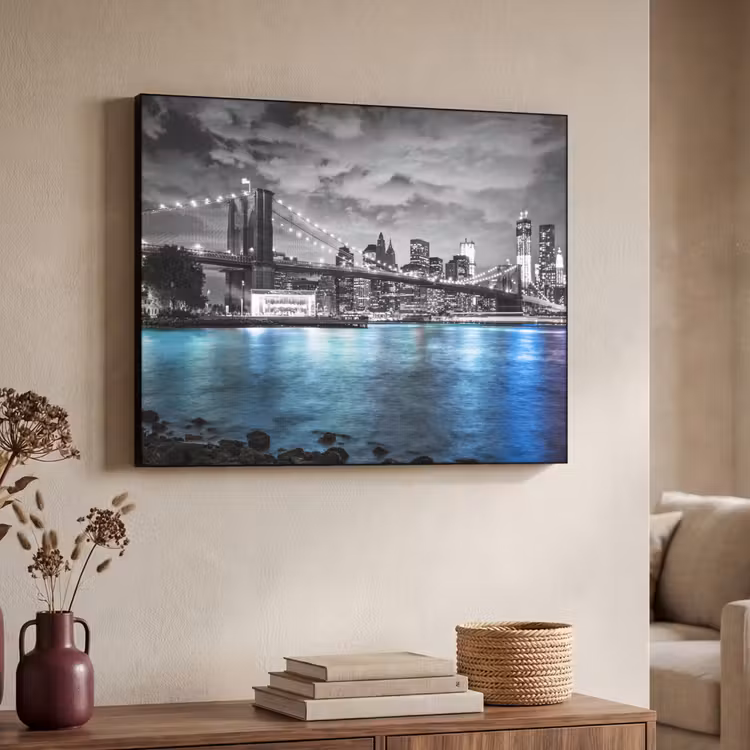 New York - Skyline - Stad - Blauw Textielframe zwart klein -sfeer3