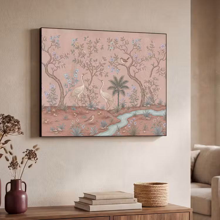 Nostalgisch - Reigers - Roze Textielframe zwart klein -sfeer3