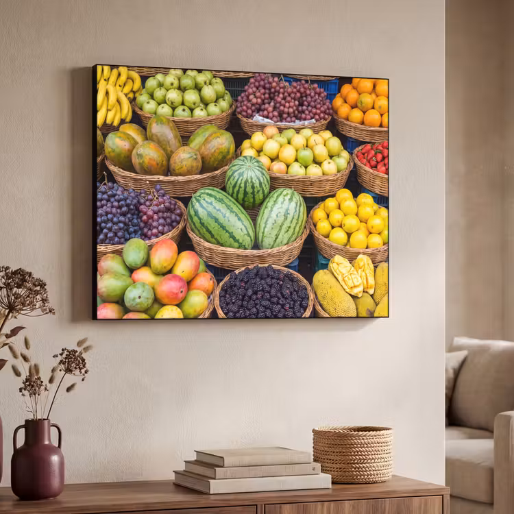 Art Frame - Obst – Markt – Bunt - Fruit - Markt - Kleurrijk Textielframe zwart klein