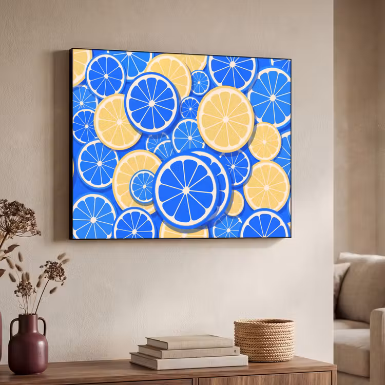 Fruit - Schijven - Patroon - Modern - Blauw - Geel Textielframe zwart klein -sfeer3
