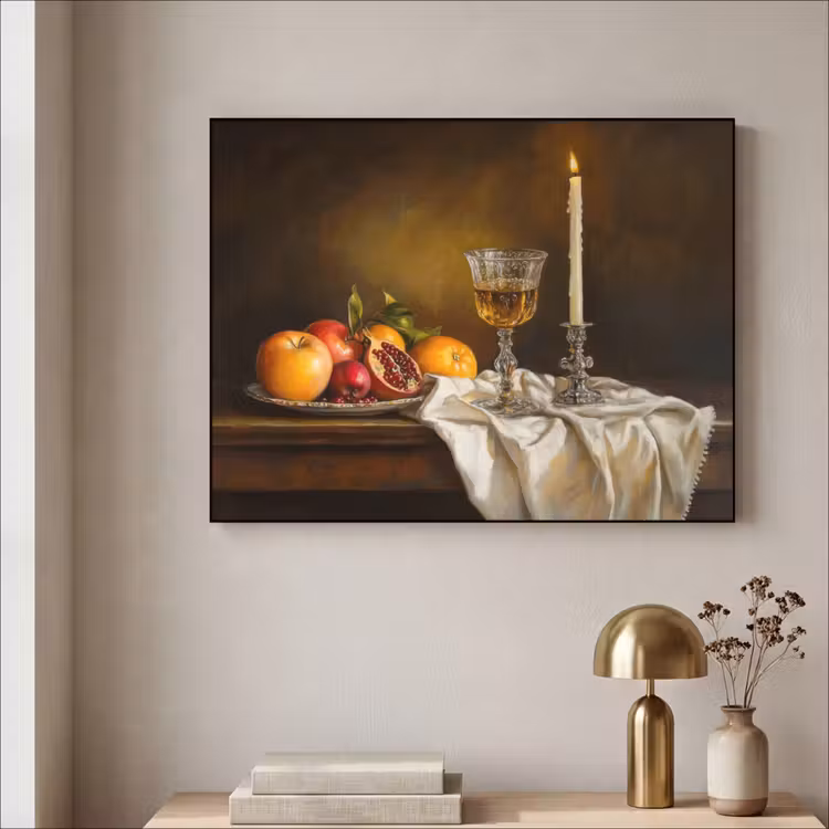 Fruit - Stilleven - Wijn - Kaars Textielframe - compleet frame klein -sfeer2
