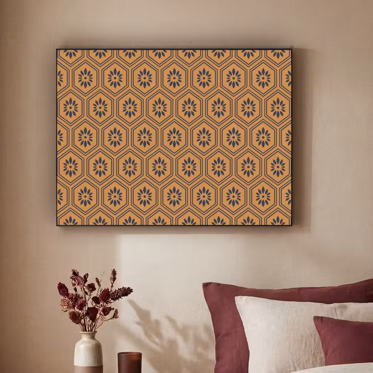 Okergeel - Patroon - Bloem - Donkerblauw Textielframe zwart klein 947 -sfeer1