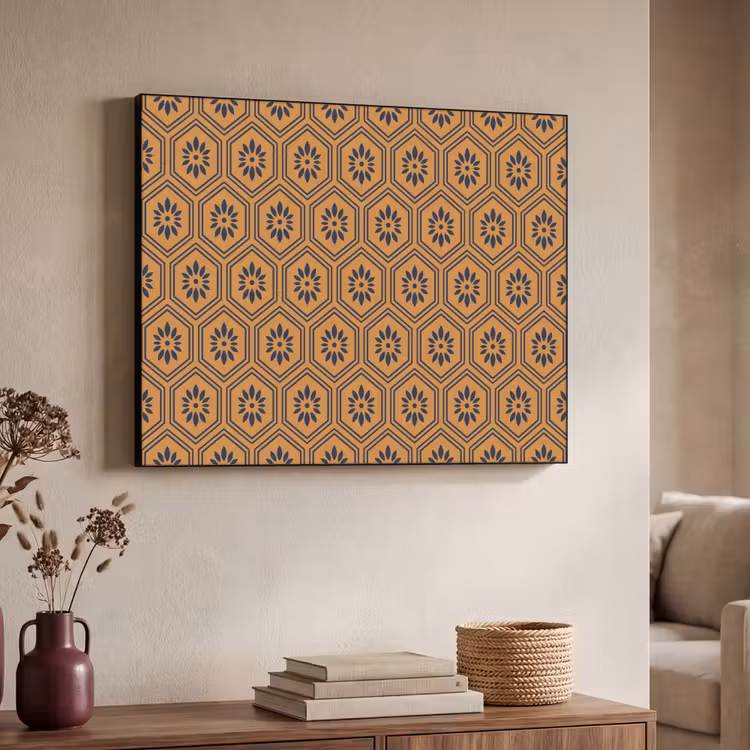 Okergeel - Patroon - Bloem - Donkerblauw Textielframe zwart klein 947 -sfeer3