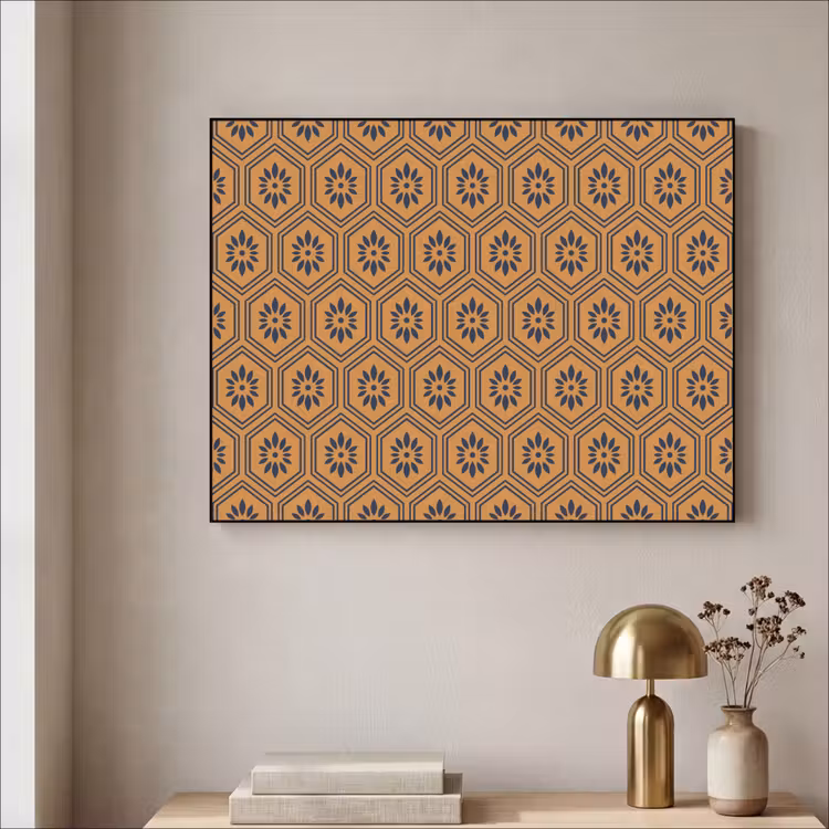 Okergeel - Patroon - Bloem - Donkerblauw Textielframe - compleet frame klein 947 -sfeer2