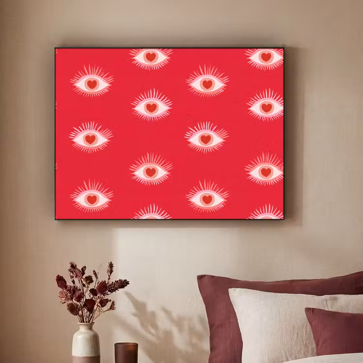 Ogen - Hart - Abstract - Rood - Roze Textielframe zwart klein 947 -sfeer1