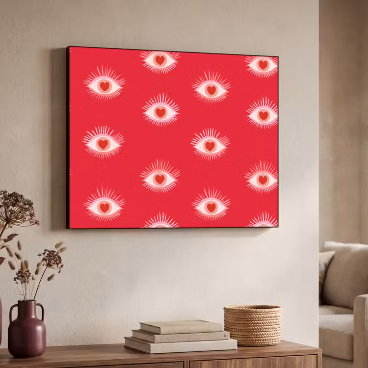Ogen - Hart - Abstract - Rood - Roze Textielframe zwart klein 947 -sfeer3