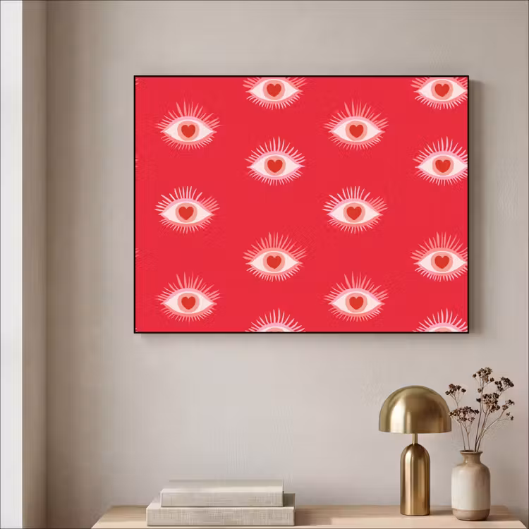 Ogen - Hart - Abstract - Rood - Roze Textielframe zwart klein 947 -sfeer2