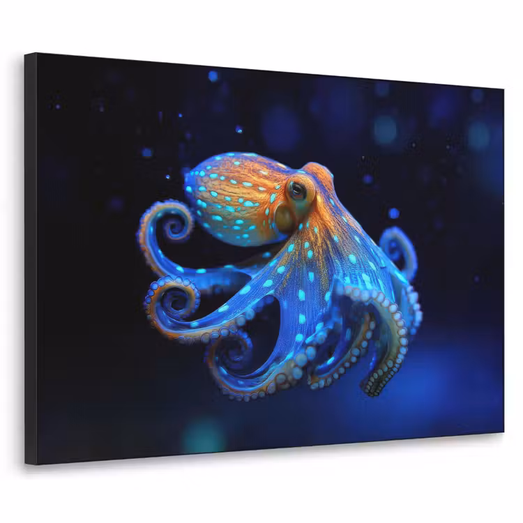 Octopus - Stippen - Blauw - Zee Textielframe zwart klein -3d