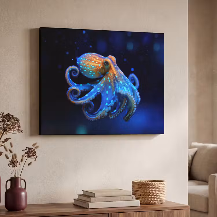 Octopus - Stippen - Blauw - Zee Textielframe zwart klein -sfeer3