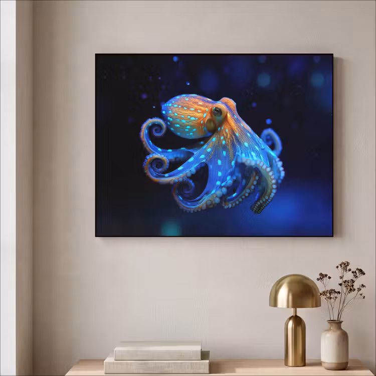 Octopus - Stippen - Blauw - Zee Textielframe zwart klein -sfeer2