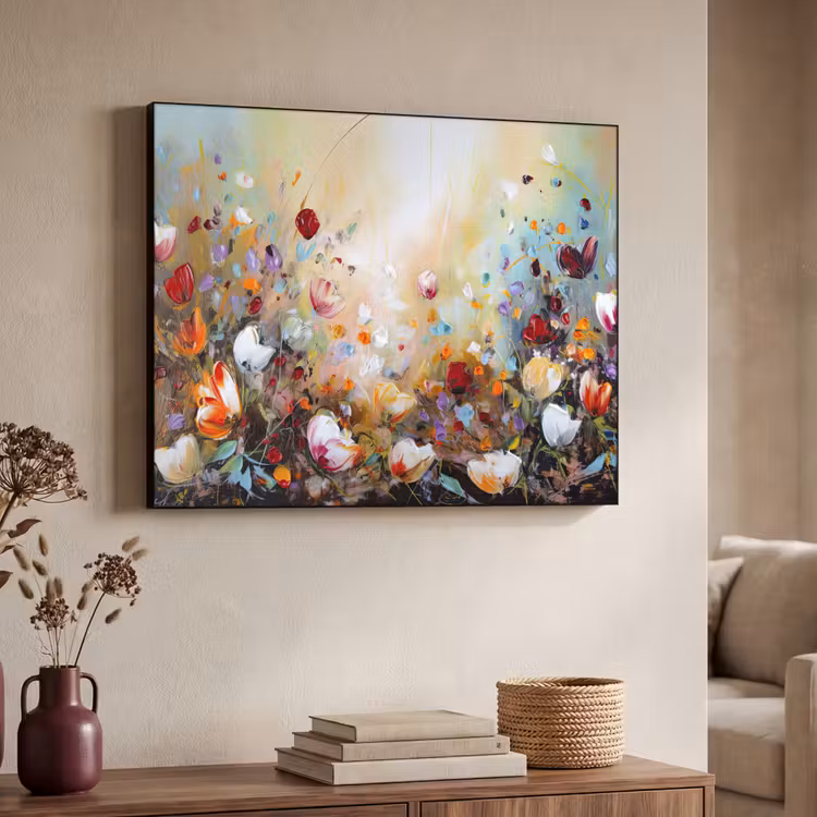 Olieverf - Bloemen - Kleurrijk - Natuur Textielframe zwart klein -sfeer3