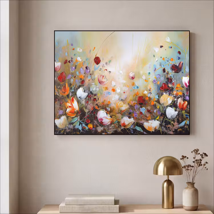 Olieverf - Bloemen - Kleurrijk - Natuur Textielframe zwart klein -sfeer2