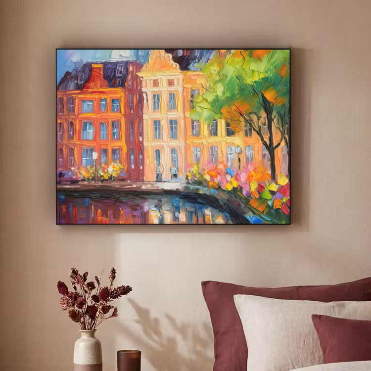 Olieverf - Amsterdam - Kunst - Kleurrijk Textielframe zwart klein -sfeer1