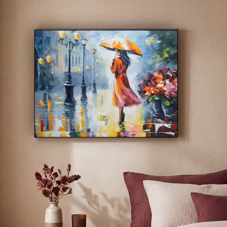 Olieverf - Paraplu - Vrouw - Straat - Kunst Textielframe zwart klein -sfeer1