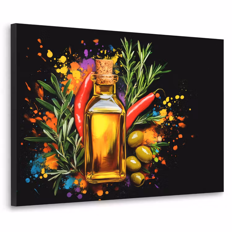 Olijfolie - Graffiti - Peper - Olijven - Modern Textielframe zwart klein -3d