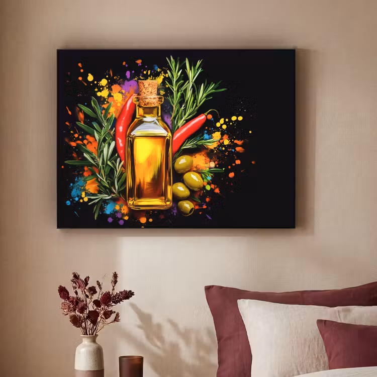 Olijfolie - Graffiti - Peper - Olijven - Modern Textielframe - compleet frame klein -sfeer1