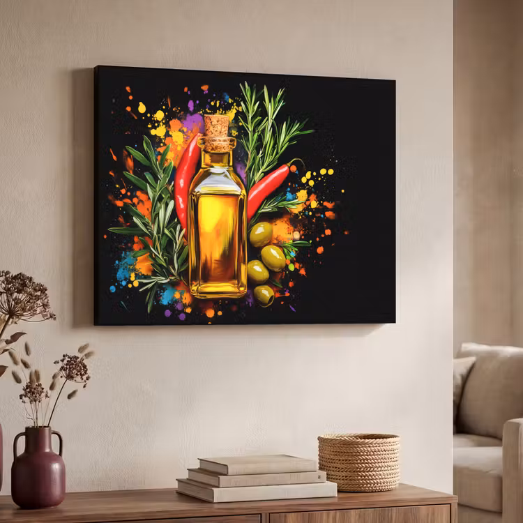 Olijfolie - Graffiti - Peper - Olijven - Modern Textielframe zwart klein -sfeer3