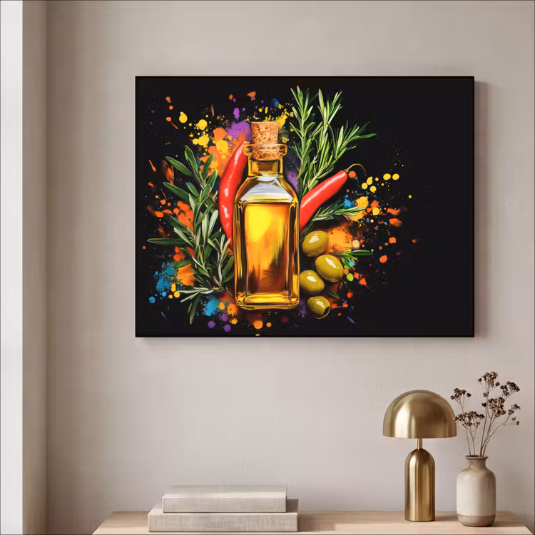 Olijfolie - Graffiti - Peper - Olijven - Modern Textielframe - compleet frame klein -sfeer2