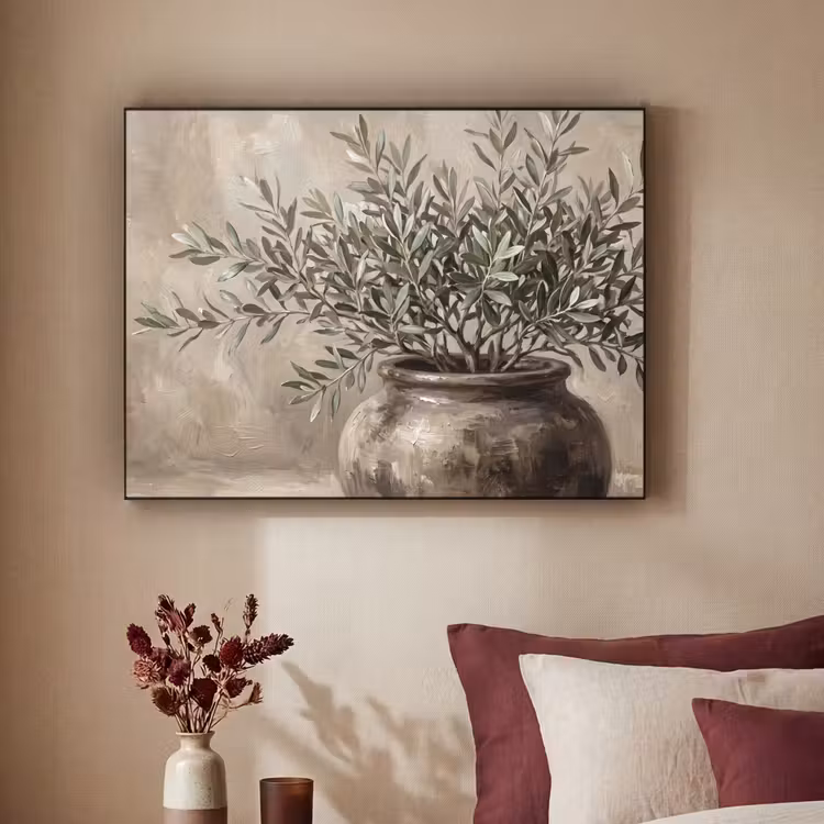 Olijfplant - Aardenpot - Abstract - Beige Textielframe zwart klein -sfeer1