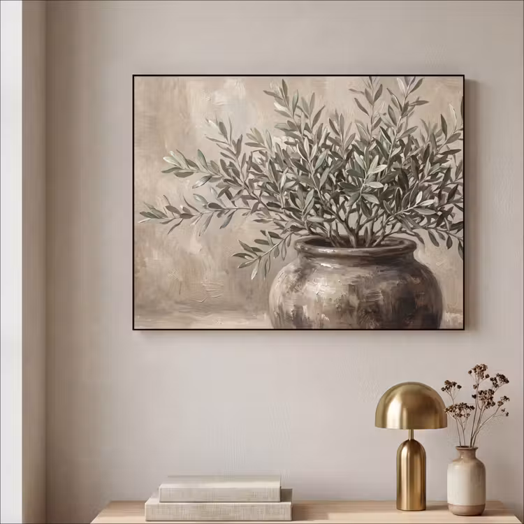 Olijfplant - Aardenpot - Abstract - Beige Textielframe zwart klein -sfeer2