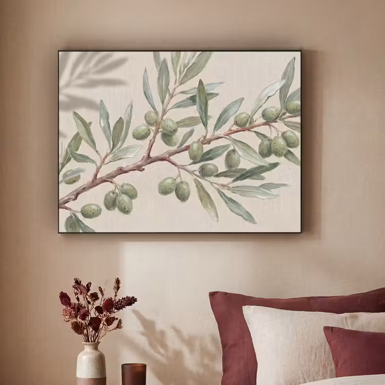Olijftak - Bladeren - Natuur - Groen - Beige Textielframe zwart klein -sfeer1