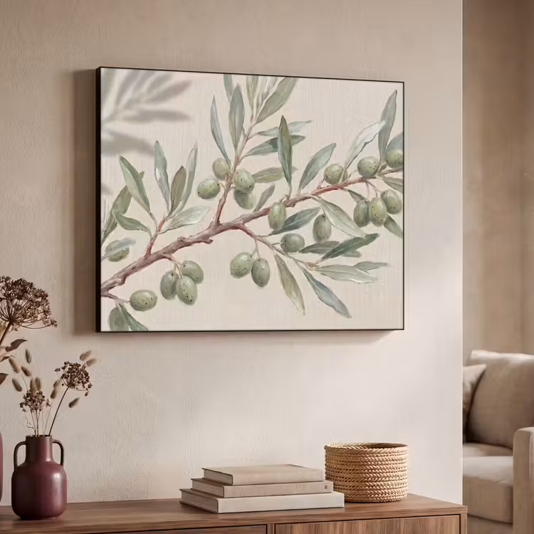 Olijftak - Bladeren - Natuur - Groen - Beige Textielframe zwart klein -sfeer3