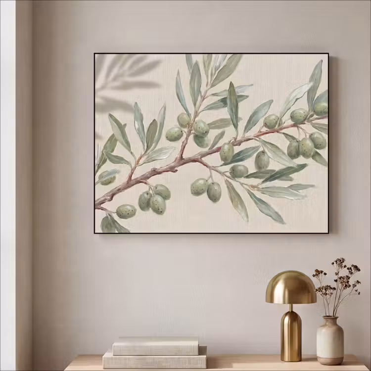 Olijftak - Bladeren - Natuur - Groen - Beige Textielframe zwart klein -sfeer2