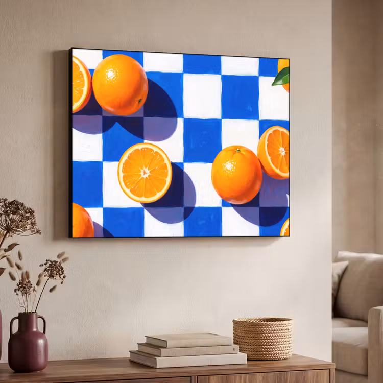 Art Frame - Orange – Kariert – Essen - Sinaasappel - Geruit - Eten Textielframe zwart klein