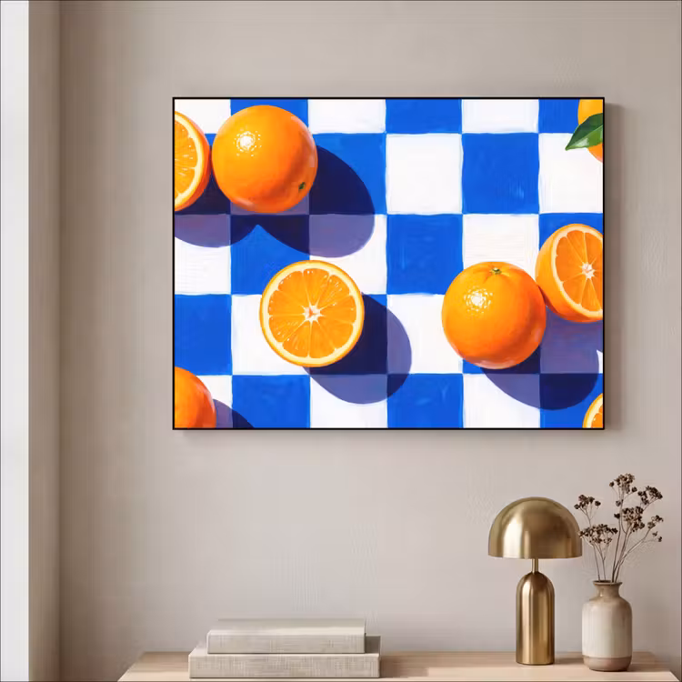 Art Frame - Orange – Kariert – Essen - Sinaasappel - Geruit - Eten Textielframe zwart klein